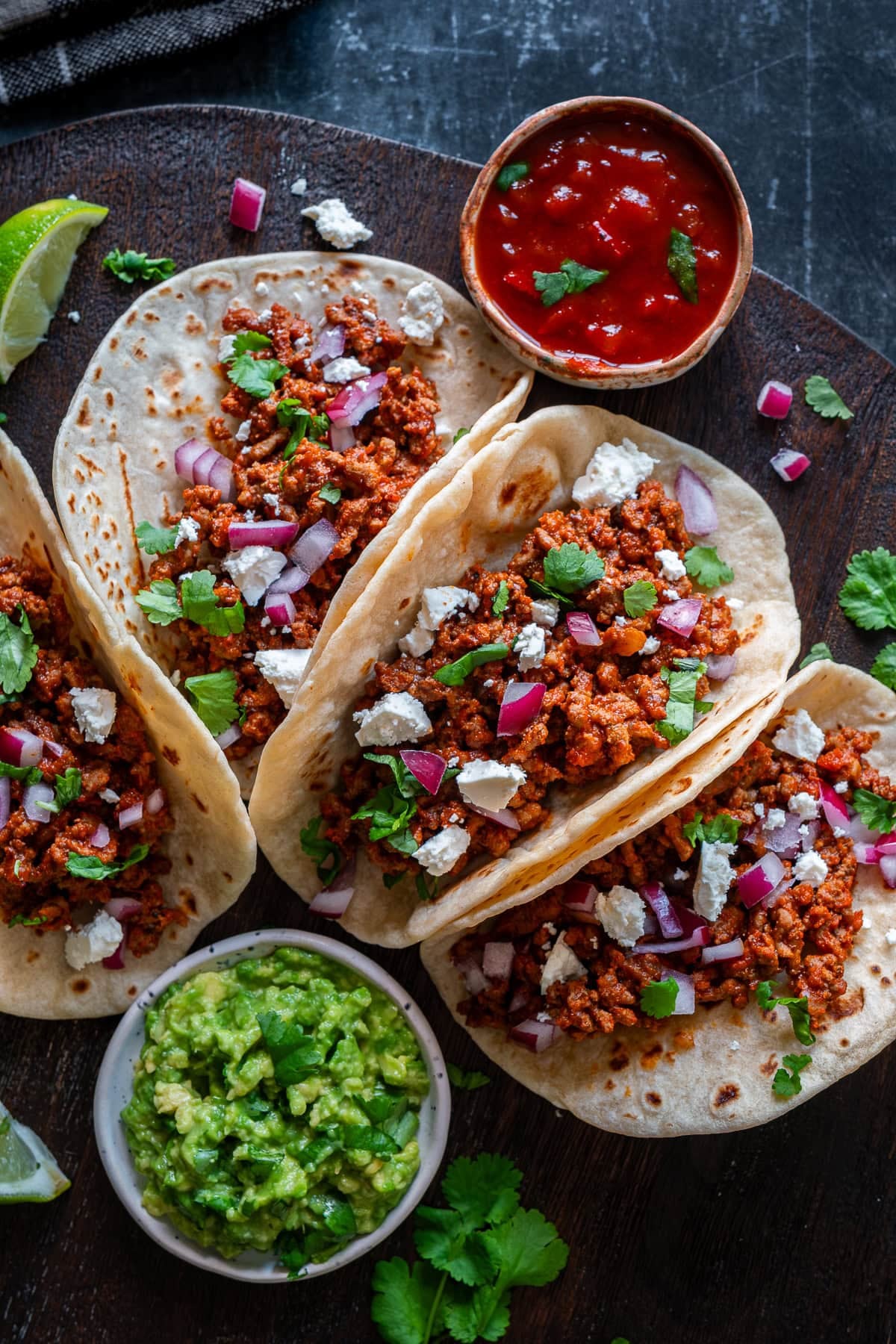 Overhead shot of 4 Easy Beef Mince Tacos (Soft Tacos)