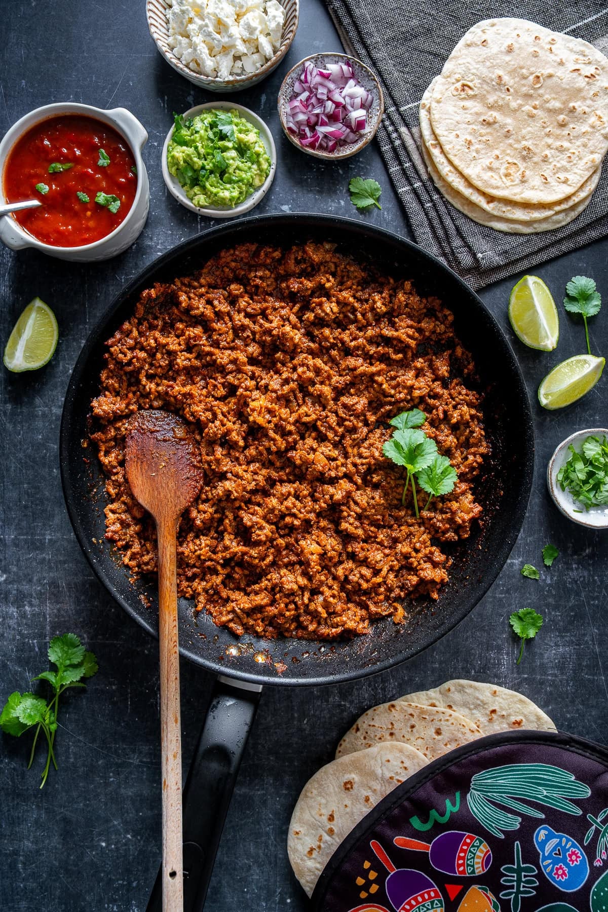 Overhead shot of Beef Mince Taco Filling for Soft Beef Tacos