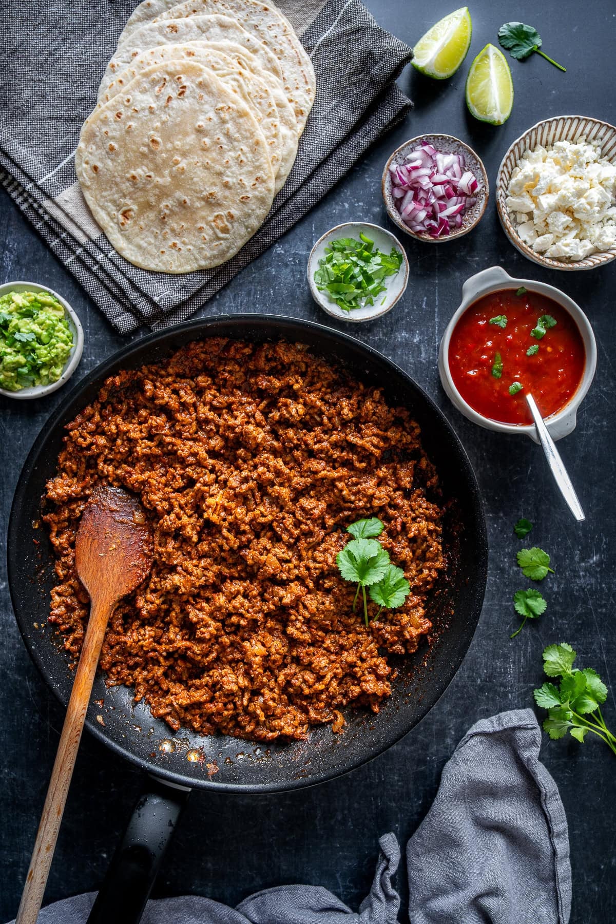 Overhead shot of Beef Mince Taco Filling for Soft Beef Tacos