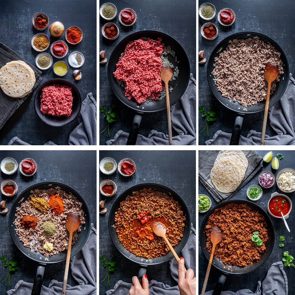Collage showing 6 process shots for Easy Beef Mince Tacos