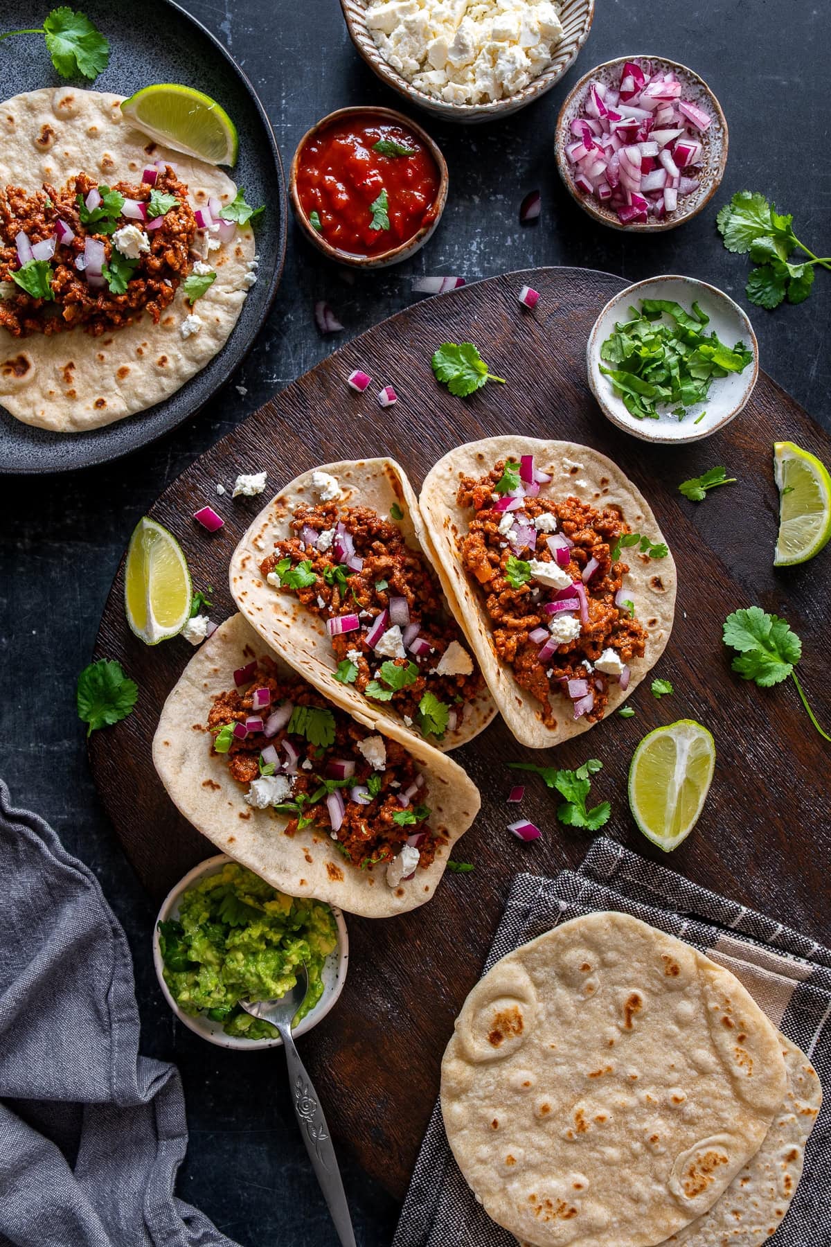 Overhead shot of Easy Soft Flour Tortillas with beef mince filling.