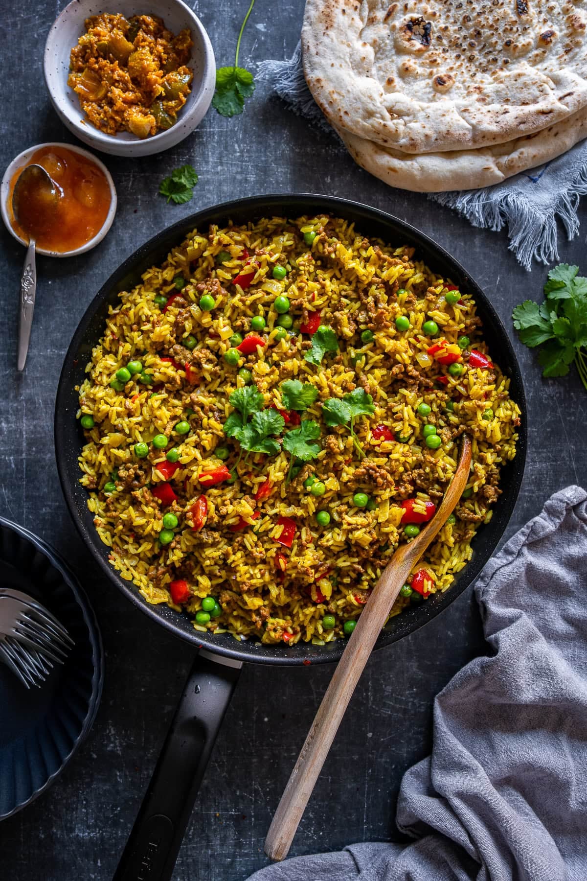Overhead shot of Easy Beef Biryani in the pan.