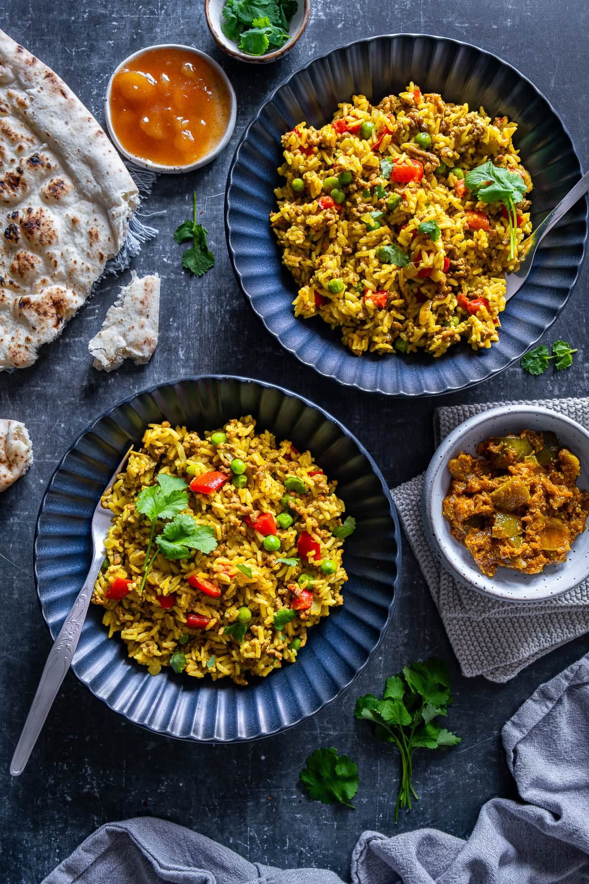 Overhead shot of 2 bowls of Easy Chicken Biryani