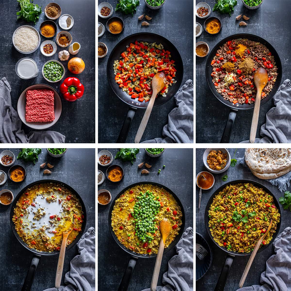 Collage showing 6 process shots for Easy Beef Biryani