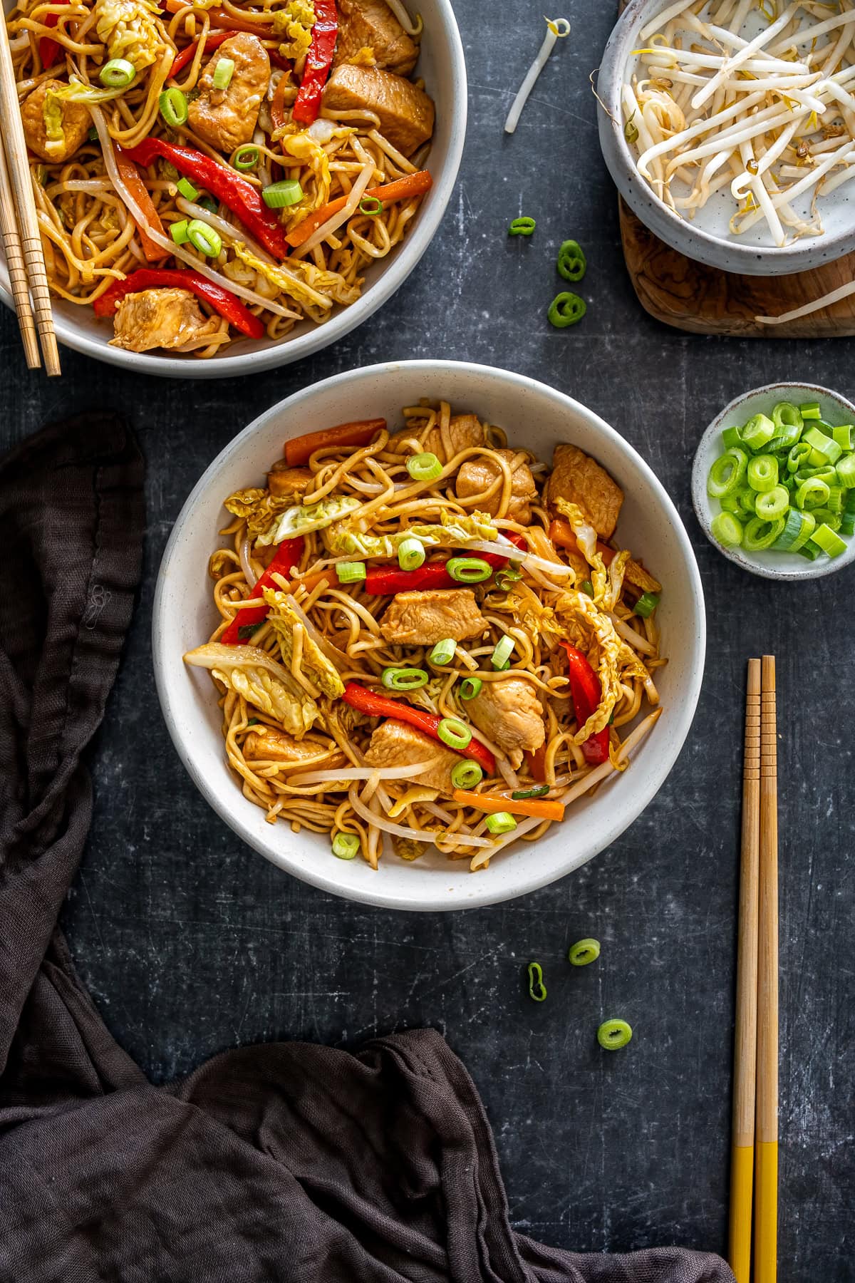 Overhead shot of 2 bowls of Easy Chicken Chow Mein.