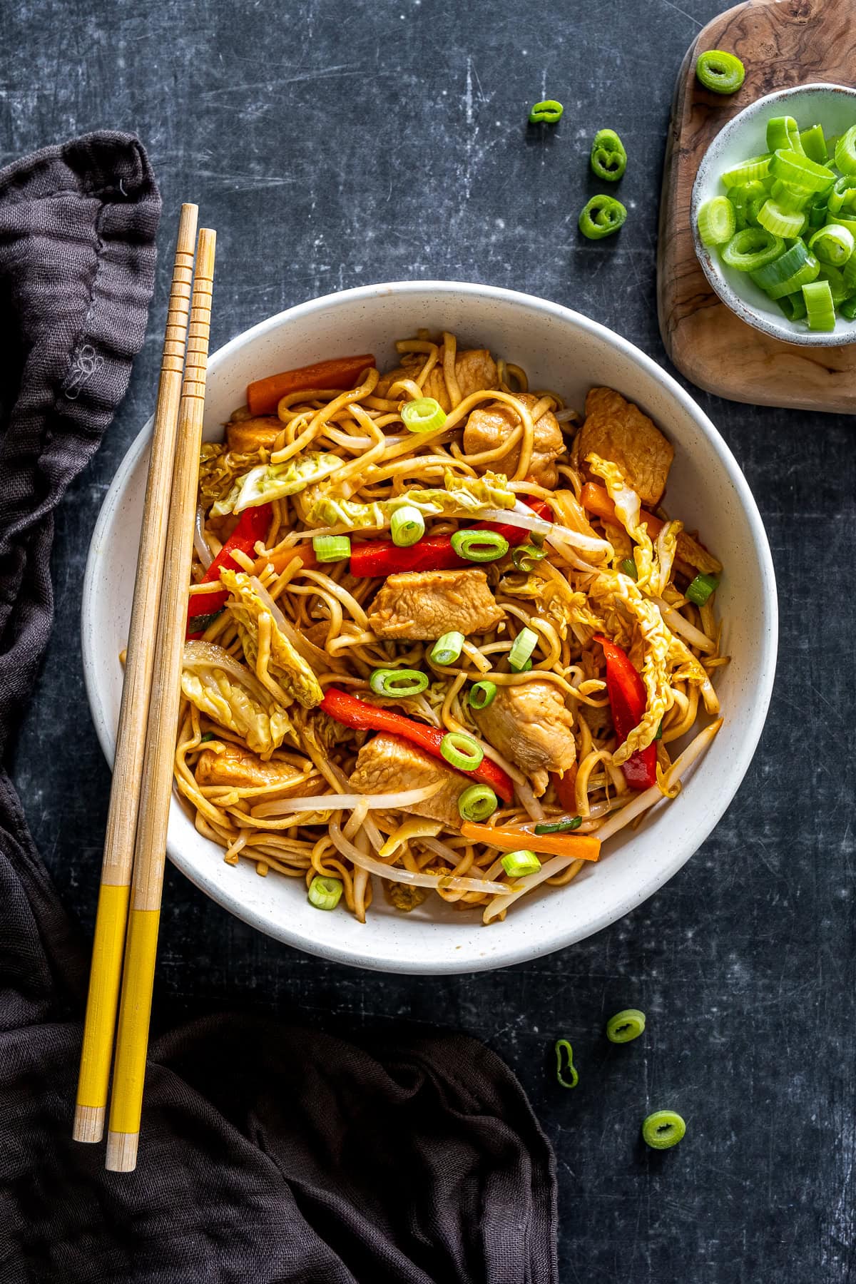 Overhead shot of Easy Chicken Chow Mein with chopsticks.