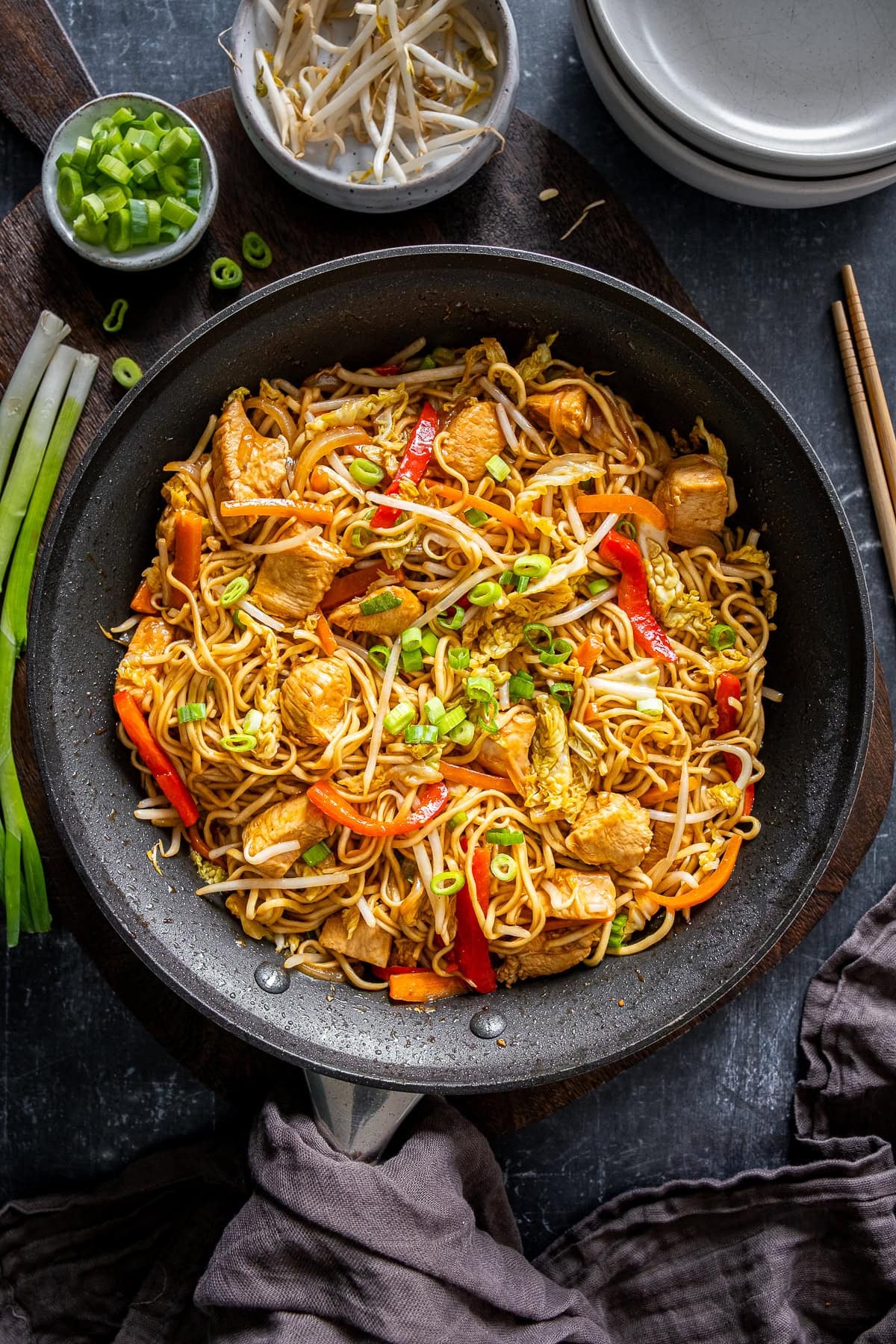 Overhead shot of Easy Chicken Chow Mein in the pan.