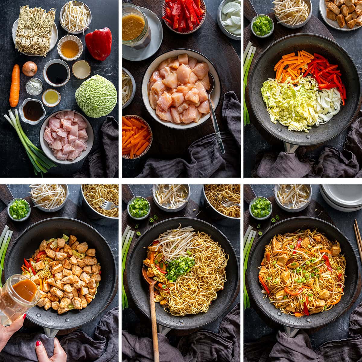 Collage showing 6 process shots for Easy Chicken Chow Mein