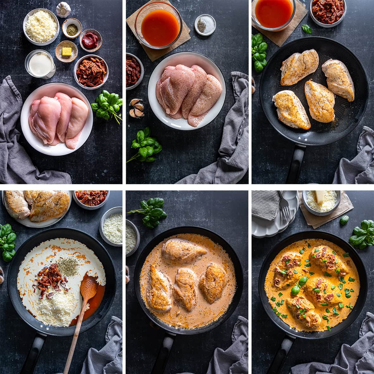 Collage showing 6 process shots for Easy Marry Me Chicken