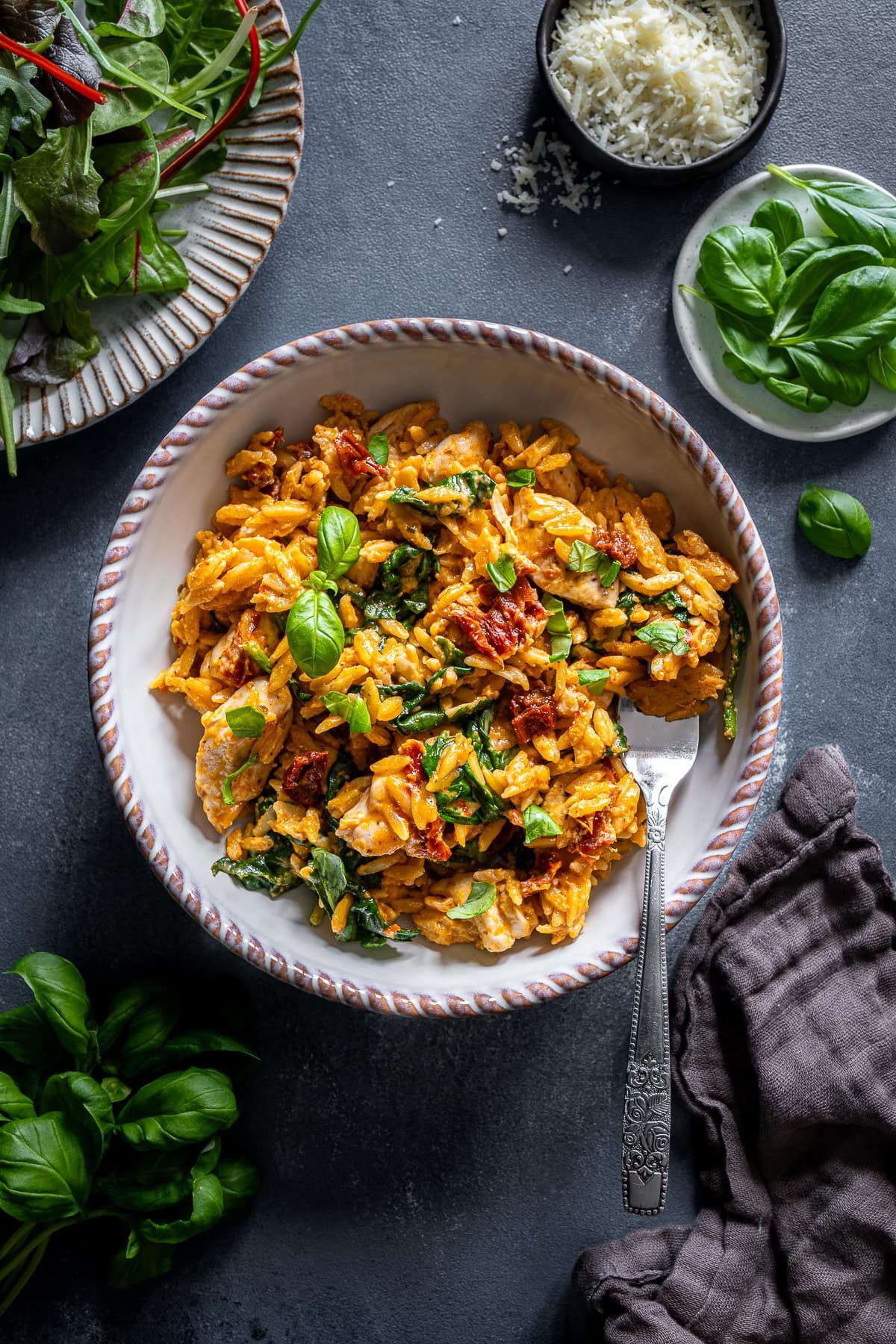 Overhead shot of 1 bowlful of Marry Me Chicken Orzo One Pot