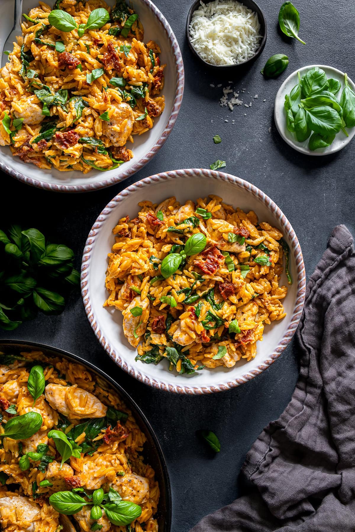 Overhead shot of Marry Me Chicken Orzo One Pot