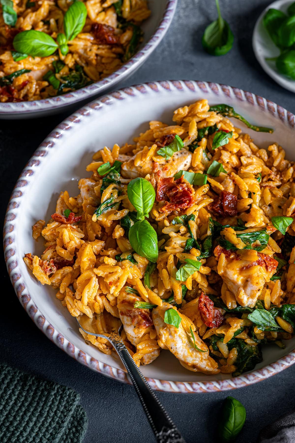 Closeup of 1 bowlful of Marry Me Chicken Orzo