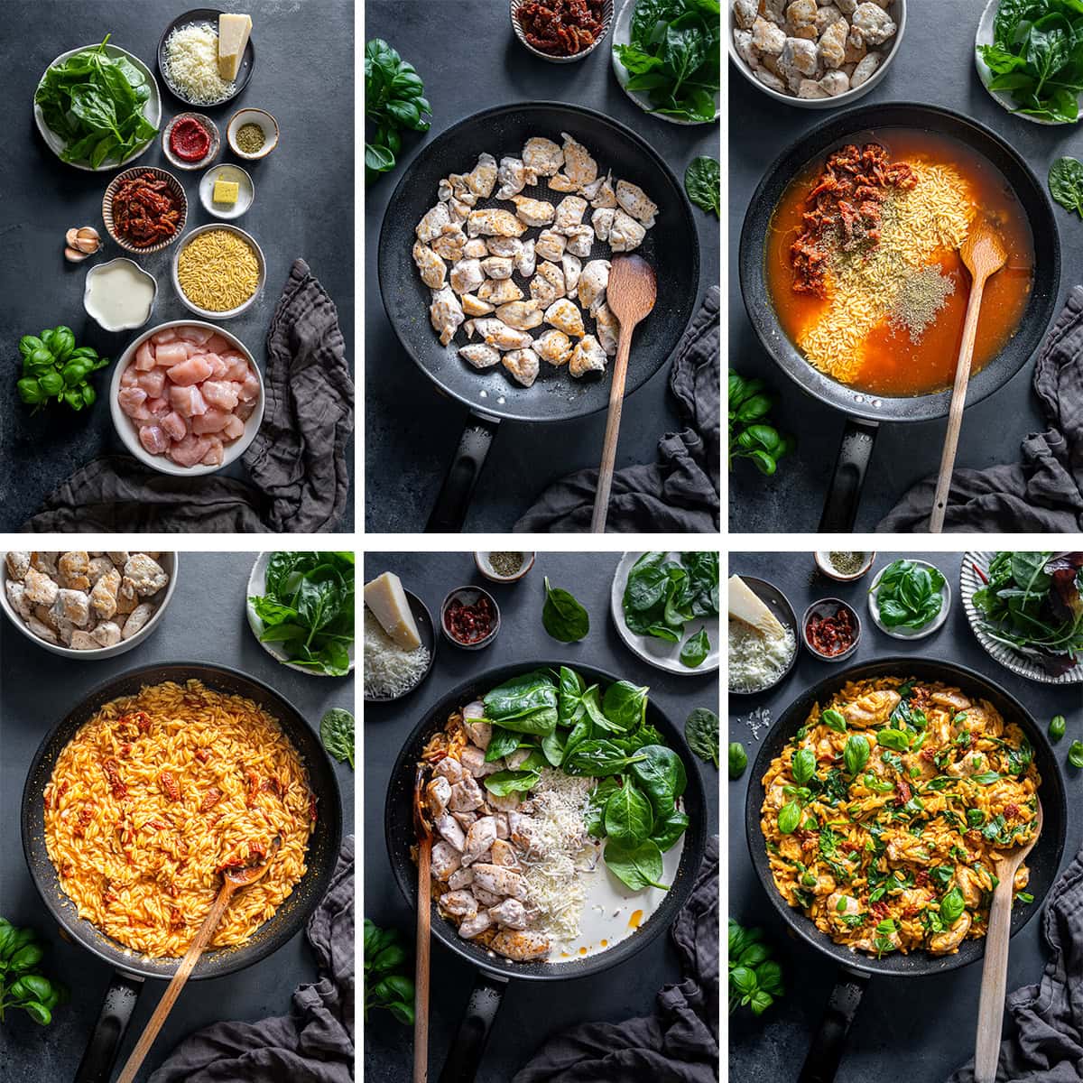 Collage showing 6 process shots for Marry Me Chicken Orzo One Pot