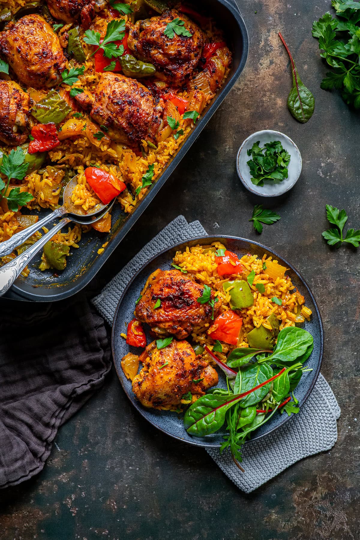 Overhead shot of Nando’s Portuguese Chicken and Spicy Rice on a plate.