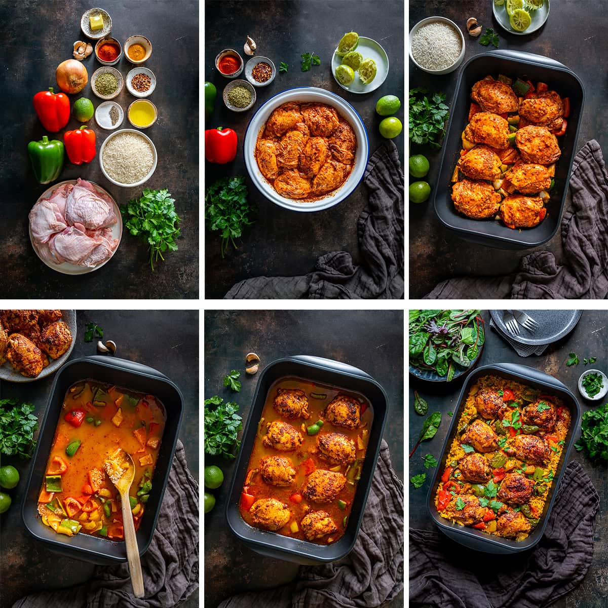 Collage showing 6 process shots for Nando’s Portuguese Chicken and Spicy Rice
