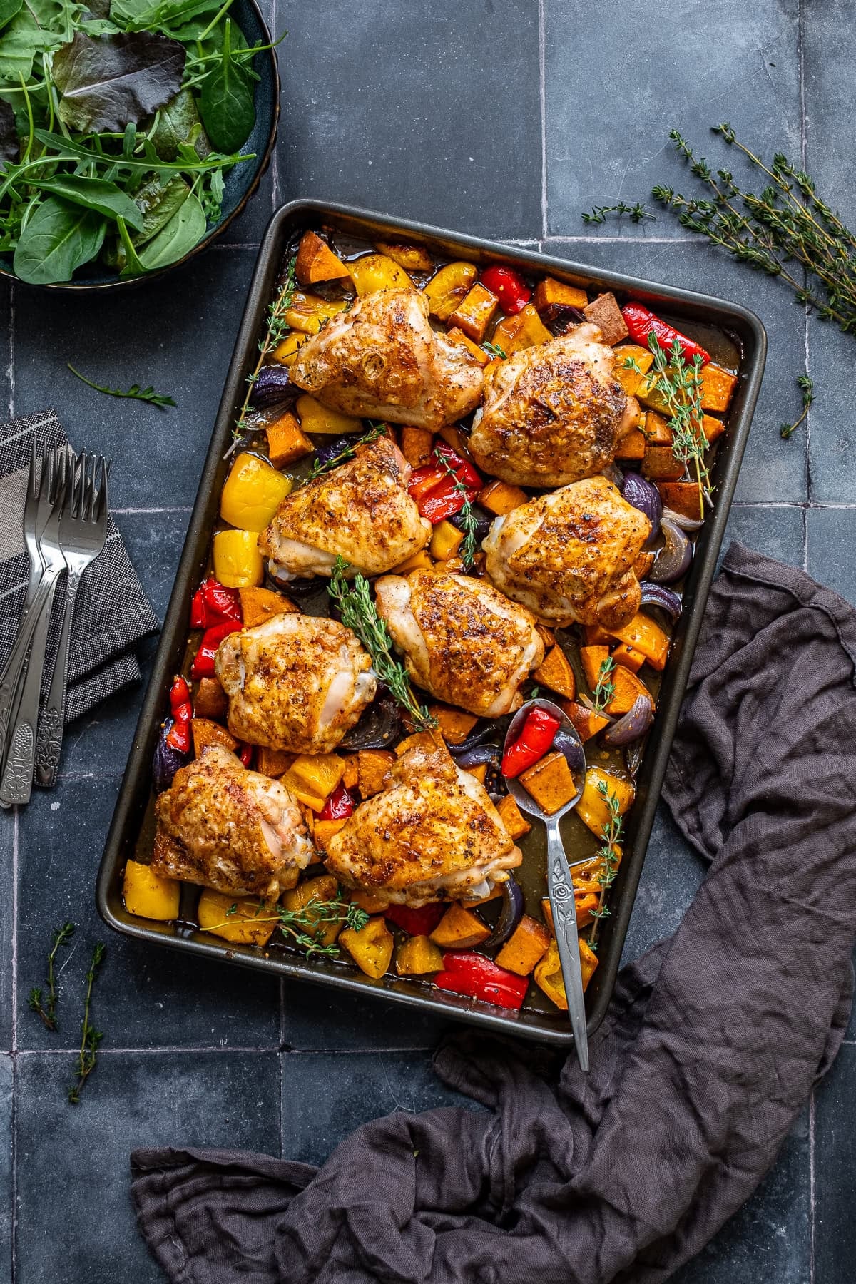 Overhead shot Easy Chicken Thigh Traybake