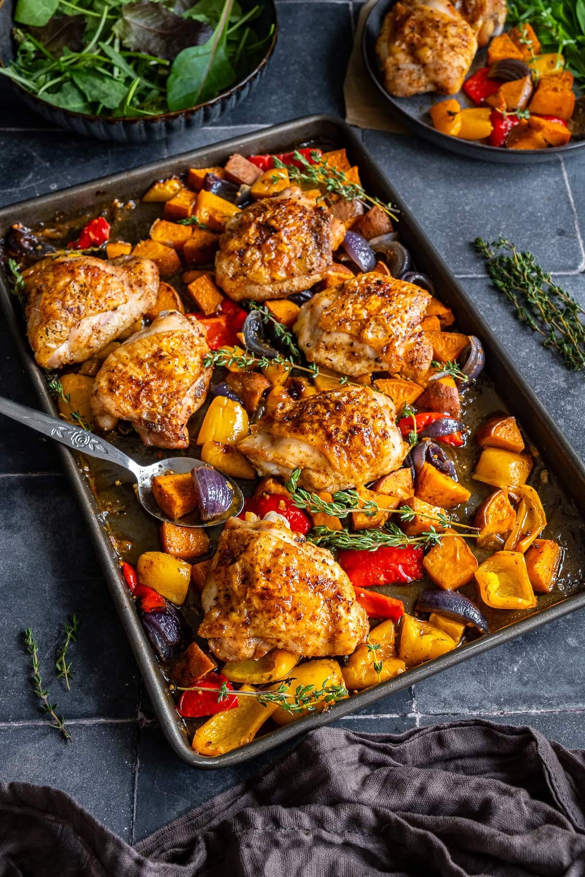 Closeup of Easy Chicken Thigh Traybake