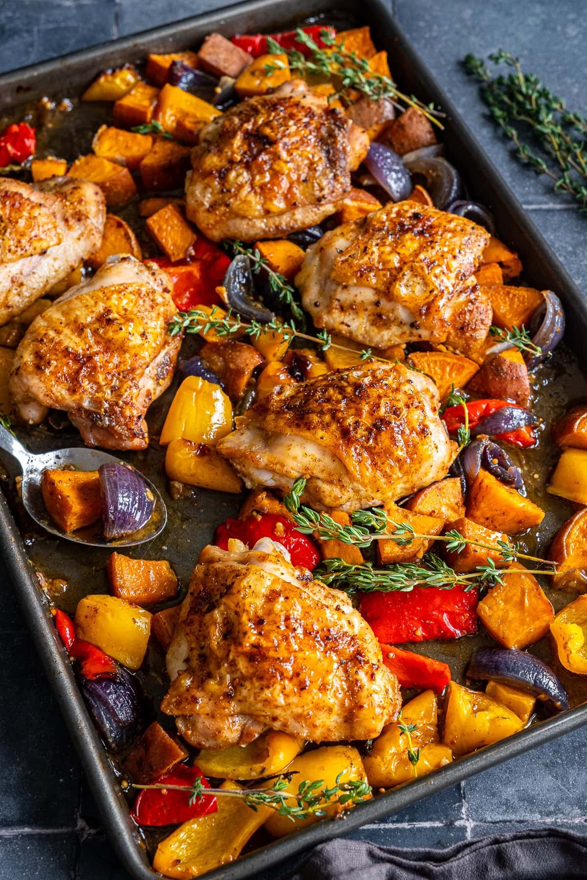 Closeup of Easy Chicken Thigh Traybake