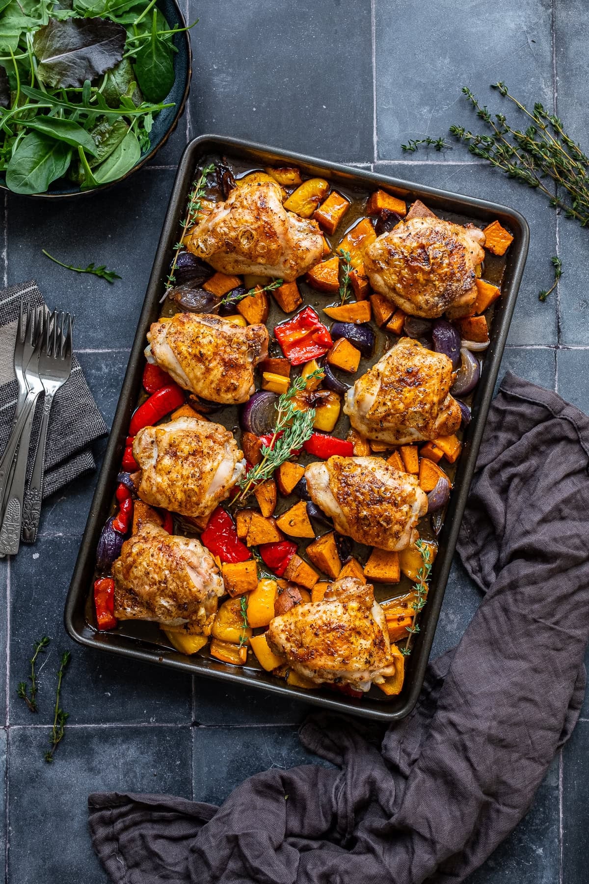 Overhead shot of Easy Chicken Thigh Traybake