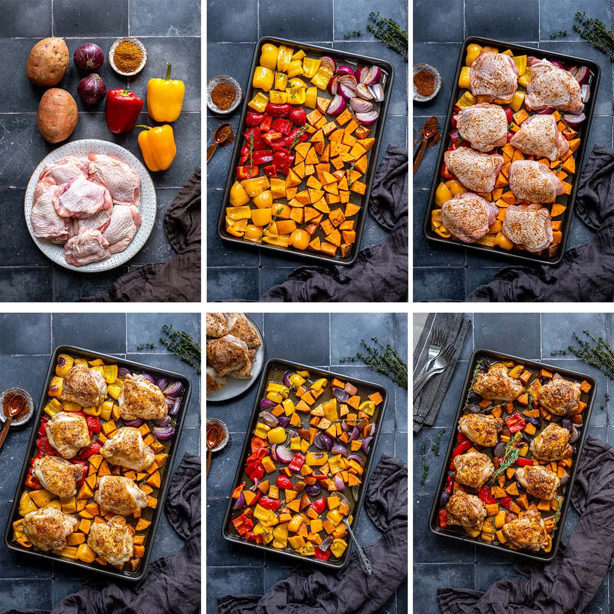 Collage showing 6 process shots for Easy Chicken Thigh Traybake