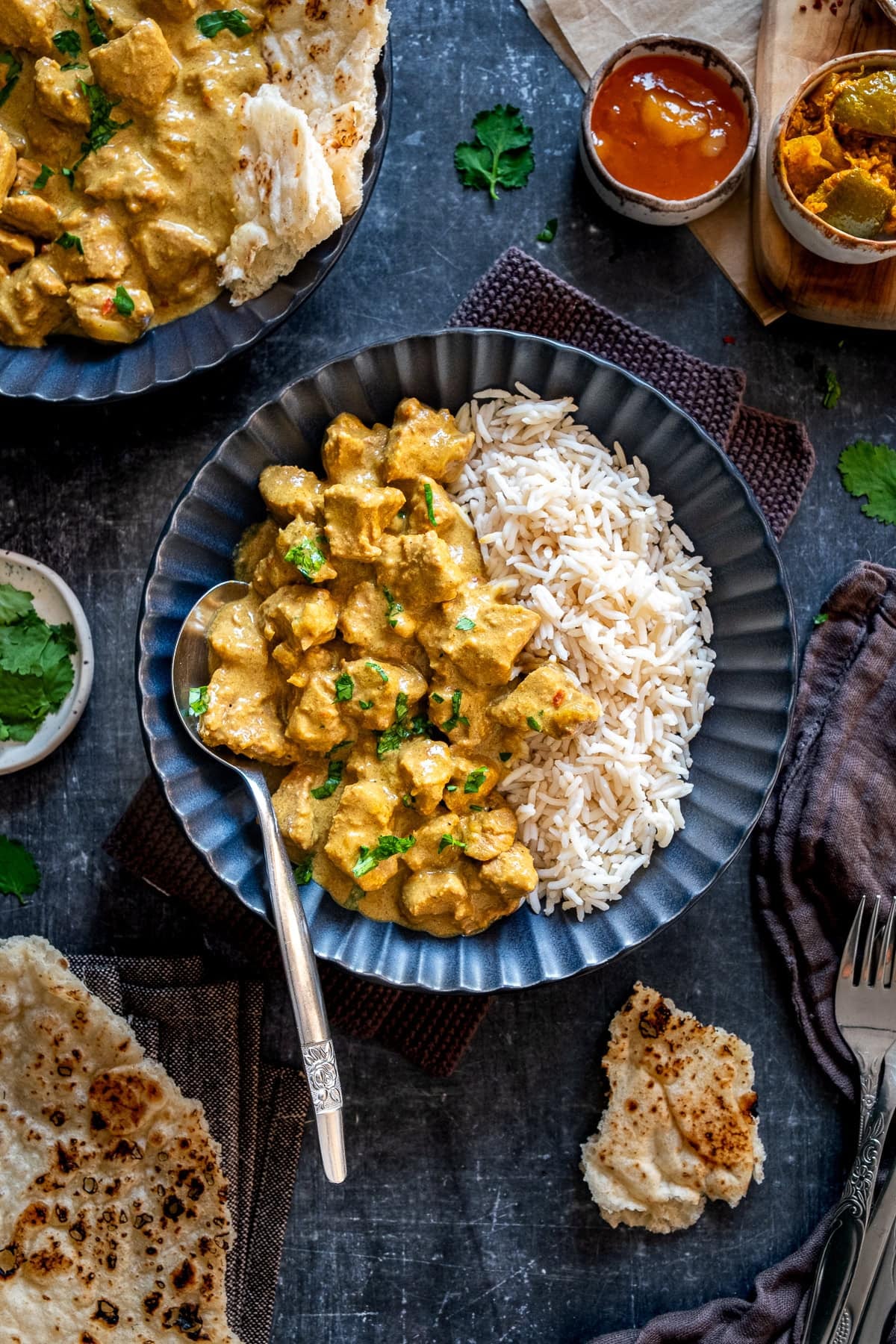 Overhead shot of Easy Lamb Korma in a bowl with rice.