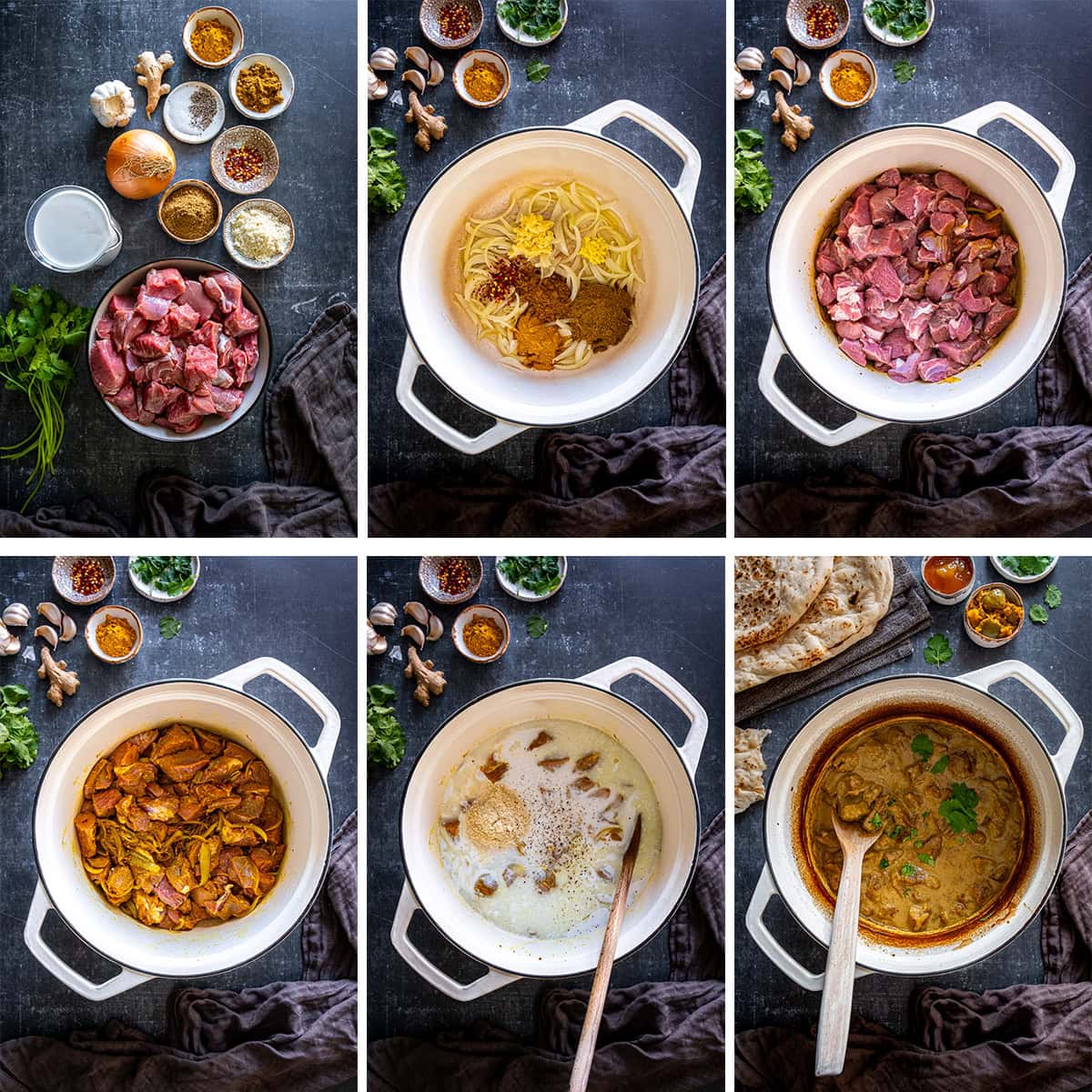 Collage showing 6 process shots for Easy Lamb Korma