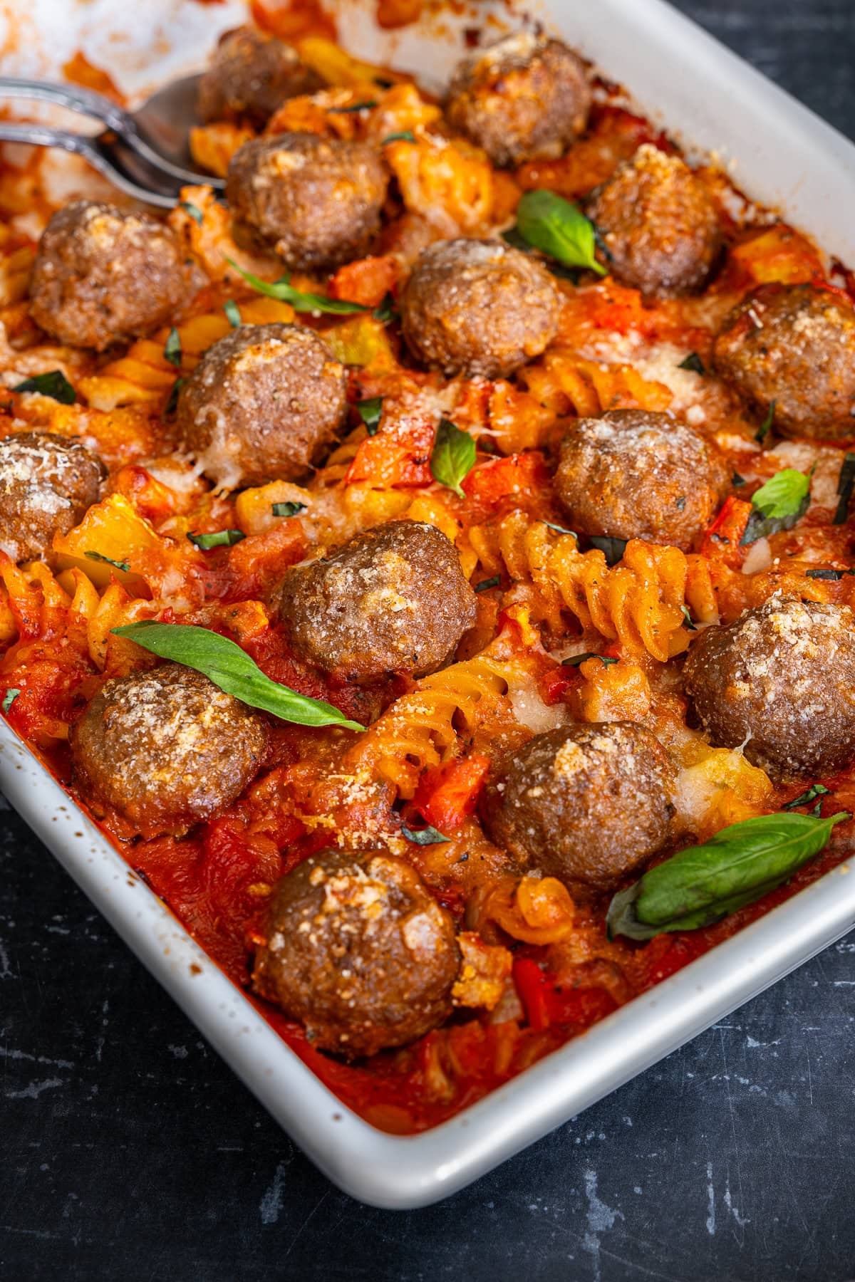 Closeup of Easy Meatball Pasta Bake