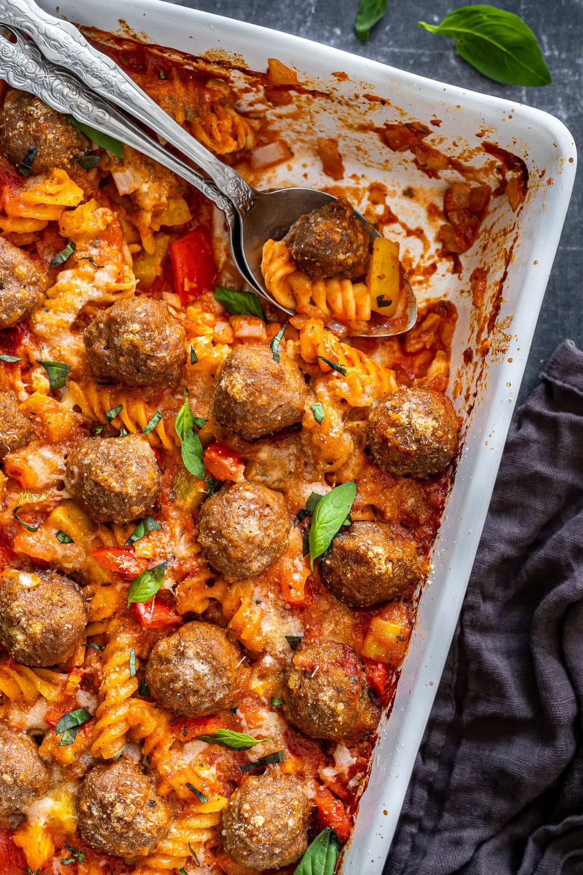 Overhead closeup of Easy Meatball Pasta Bake