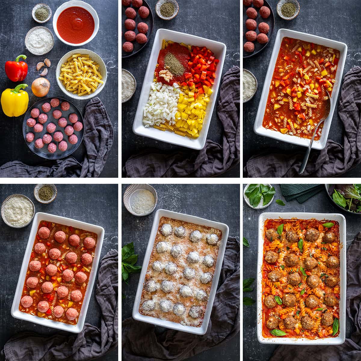 Collage showing 6 process shots for Easy Meatball Pasta Bake