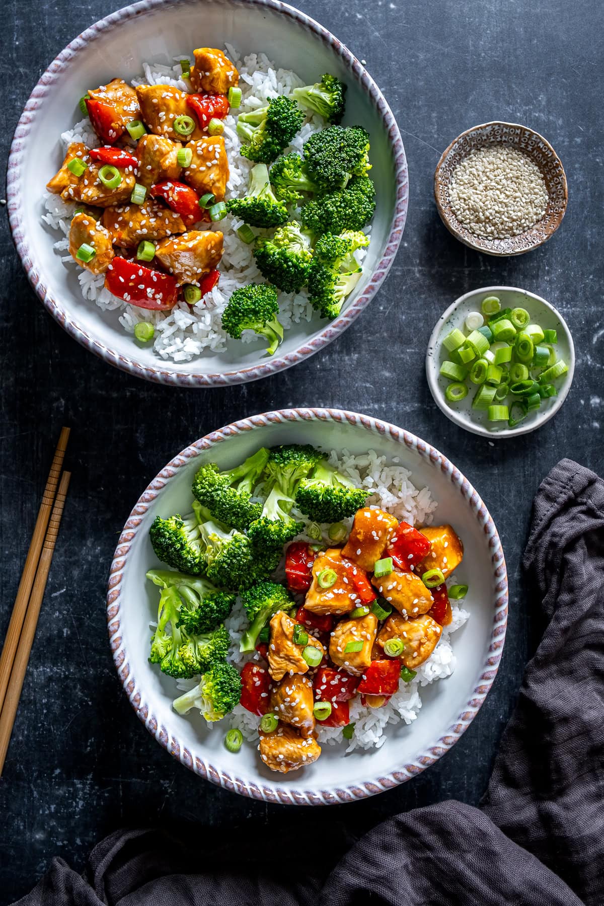 Overhead shot of 2 plates of Easy Teriyaki Chicken