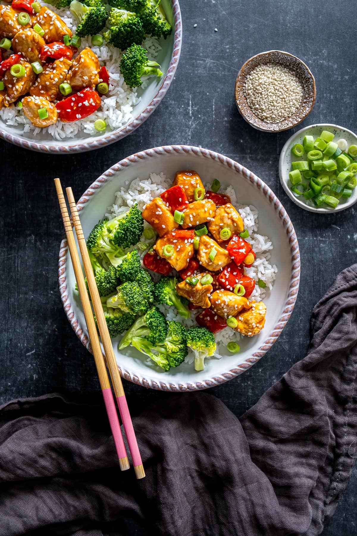 Overhead shot of Easy Teriyaki Chicken with chopsticks.
