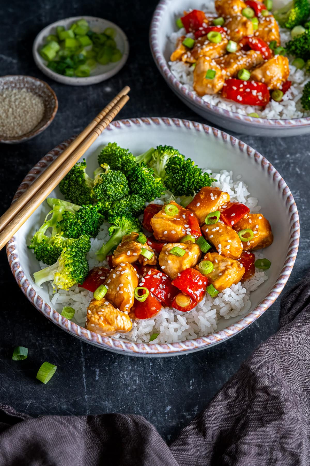 Closeup of 2 plates of Easy Teriyaki Chicken