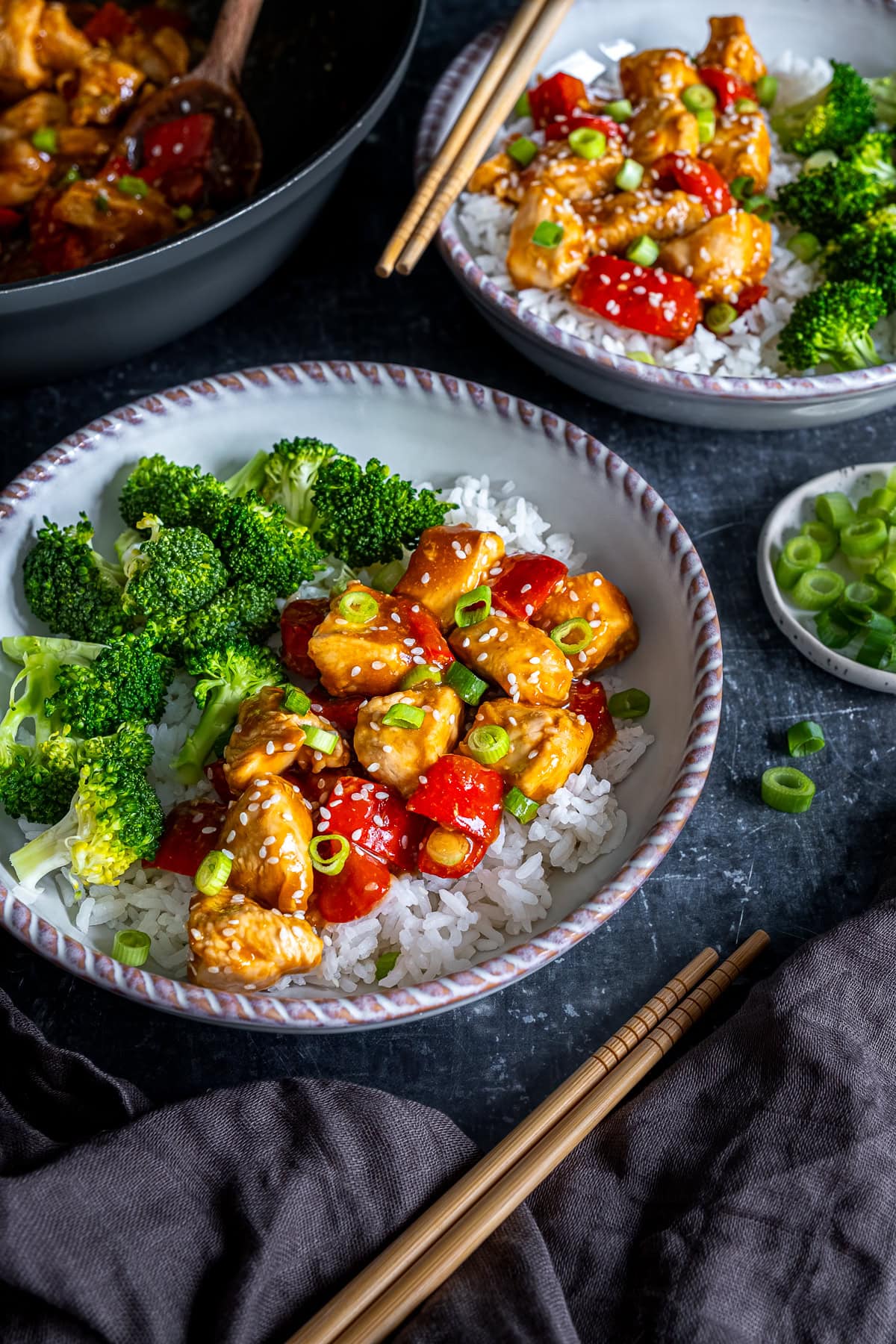 Closeup of Easy Teriyaki Chicken on a plate with Broccoli and Jasmine Rice.