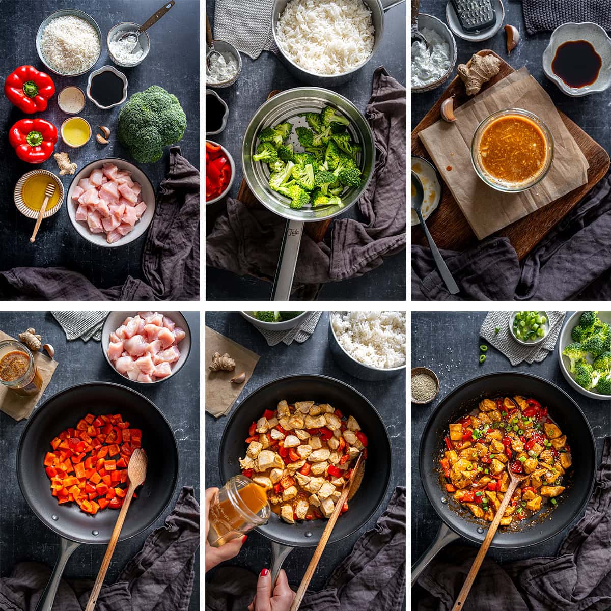 Collage showing 6 process shots for Easy Teriyaki Chicken.