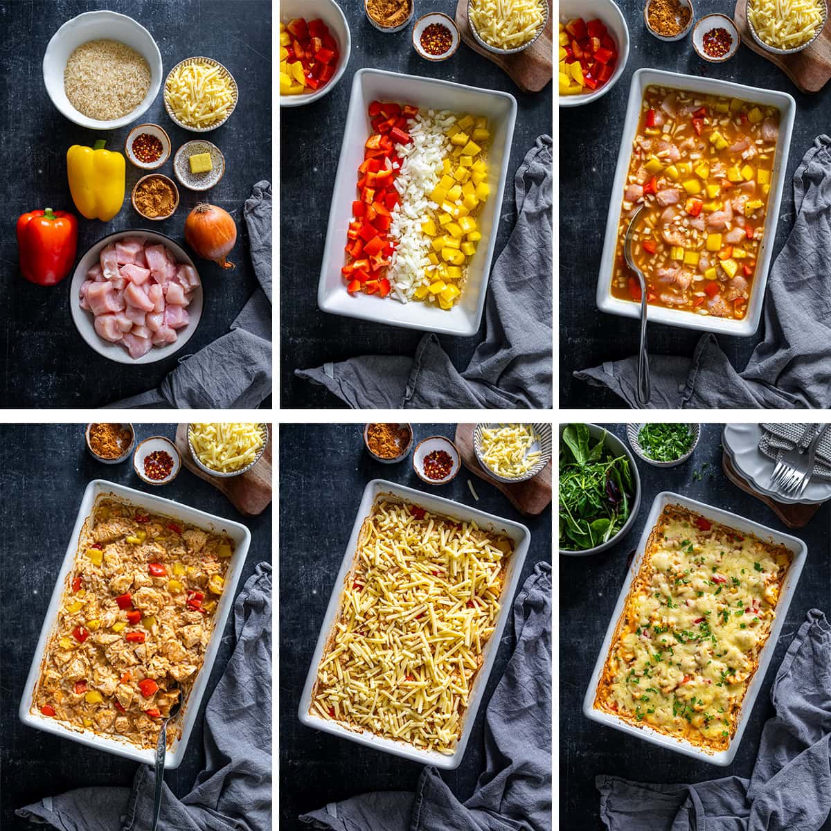 Collage showing 6 process shots for Chicken Fajita Rice Bake