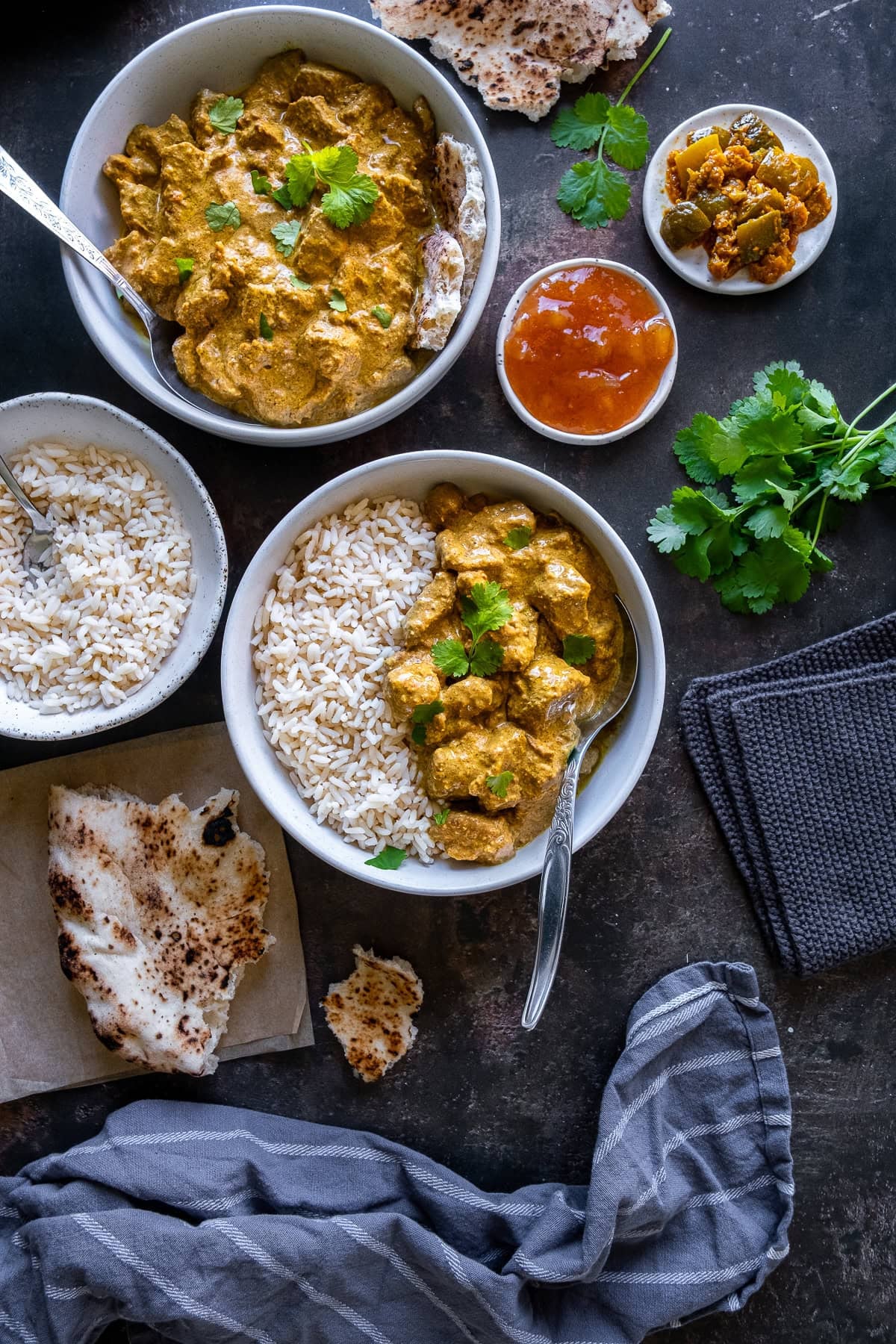 Overhead shot of Easy Beef Korma in a bowl with rice.