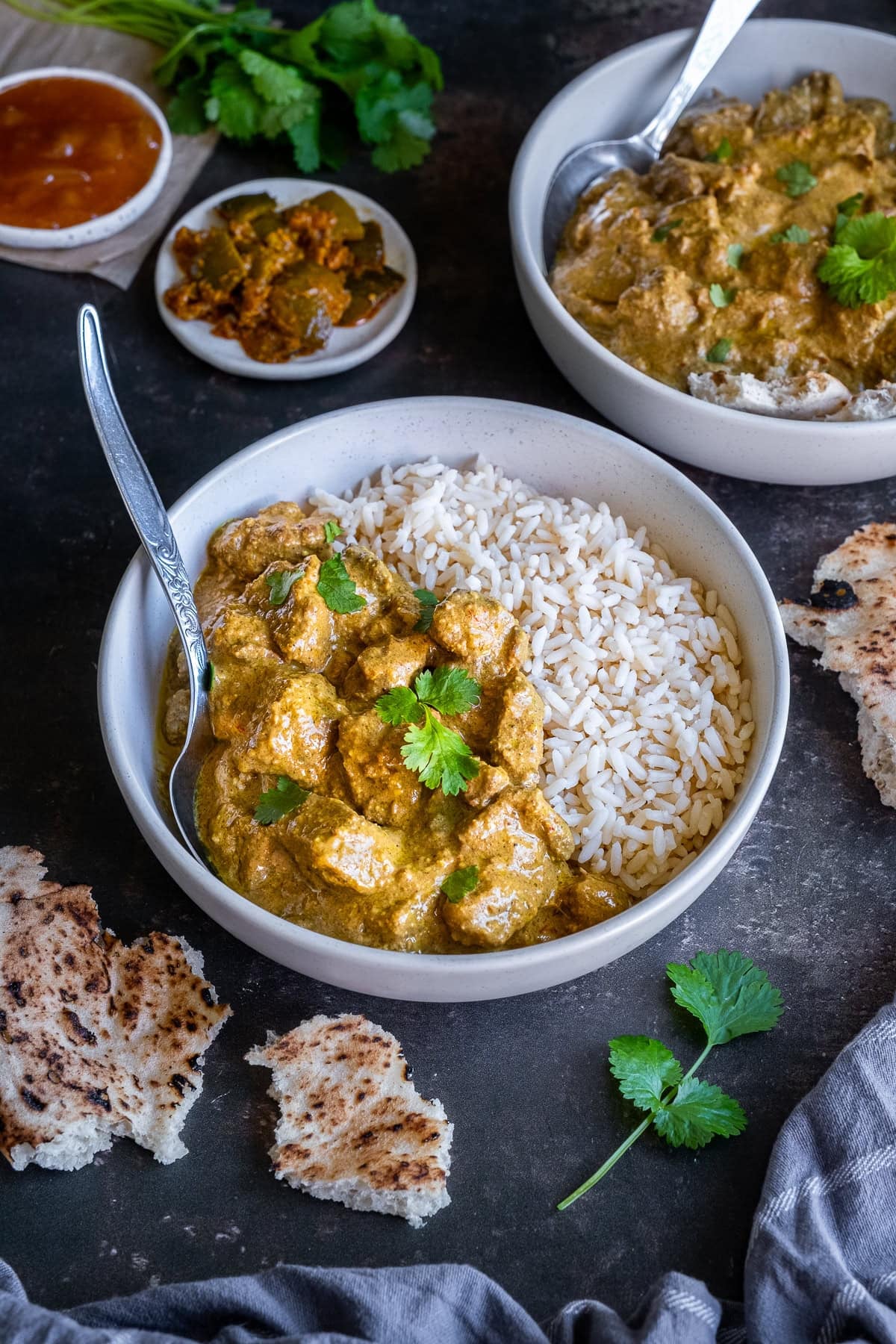 Closeup of Easy Beef Korma in a bowl with rice.