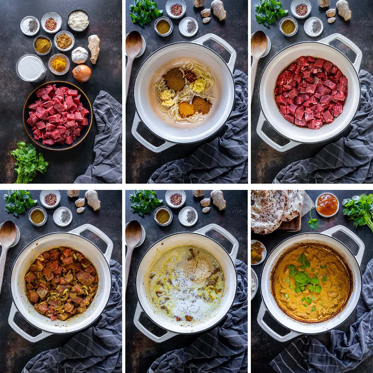 Collage showing 6 process shots for Easy Beef Korma