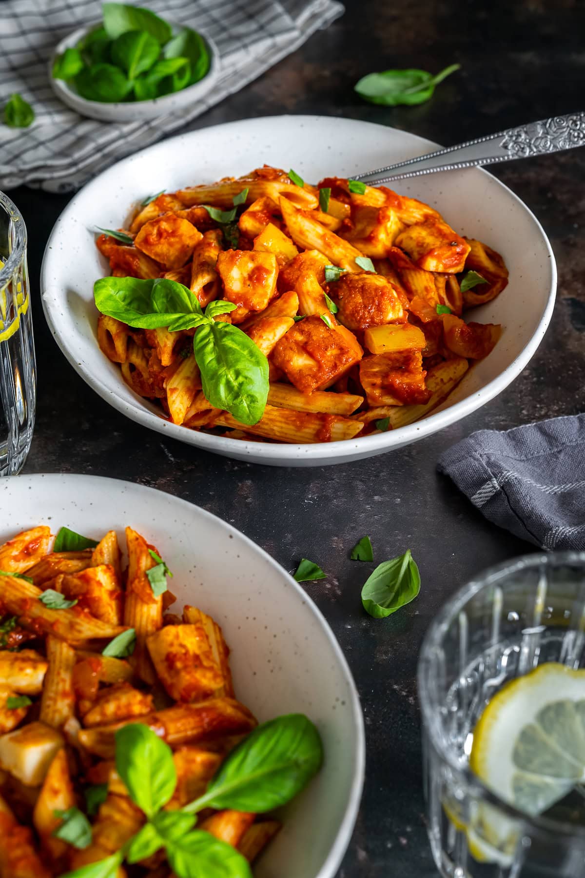 Two bowls of Easy Halloumi Pasta.