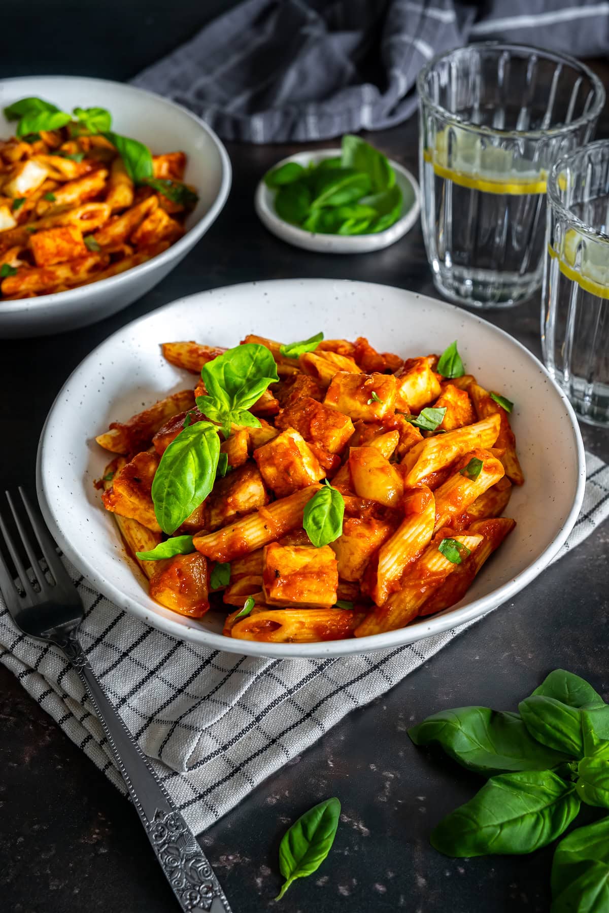 Closeup of Easy Halloumi Pasta in a bowl.