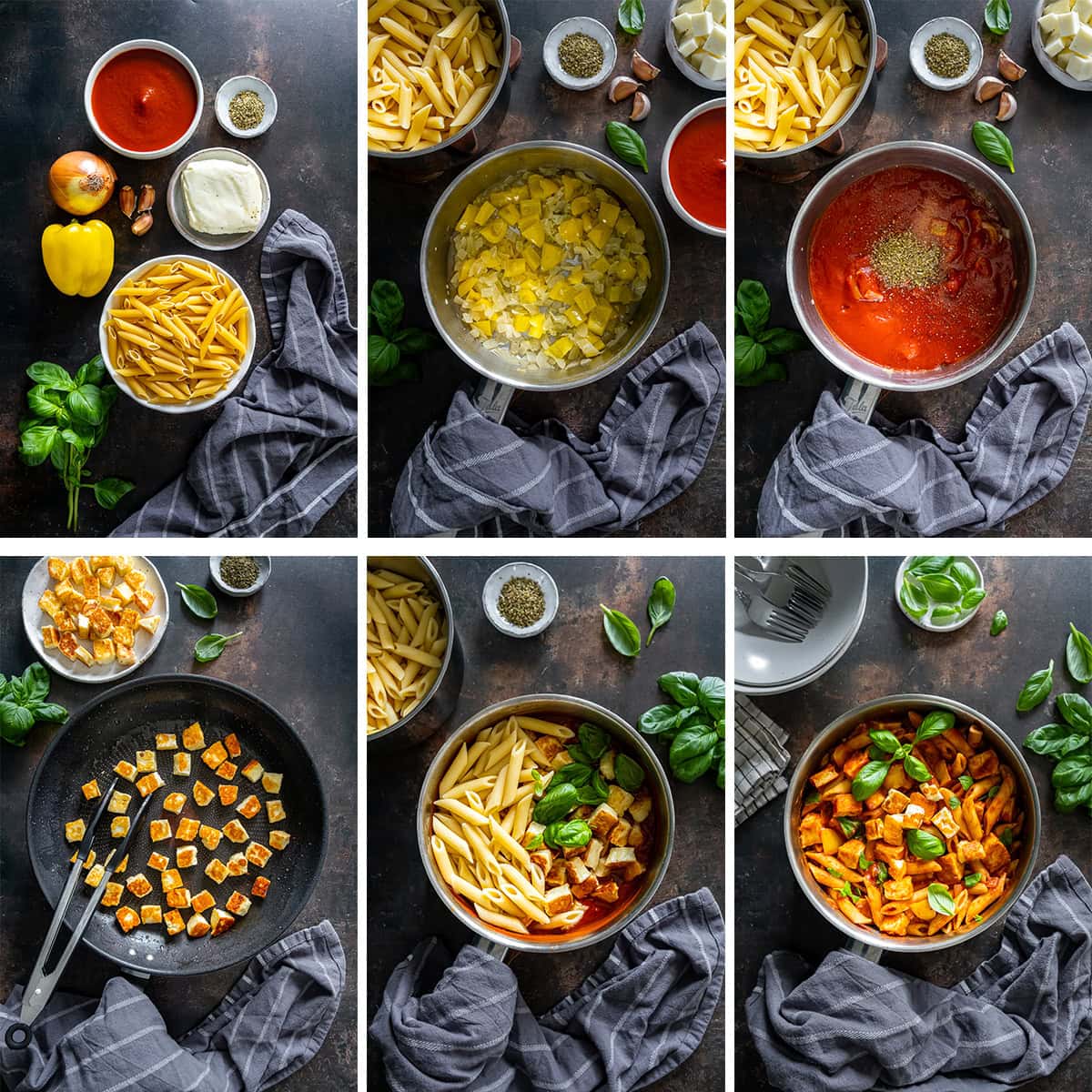 Collage showing 6 process shots for Easy Halloumi Pasta