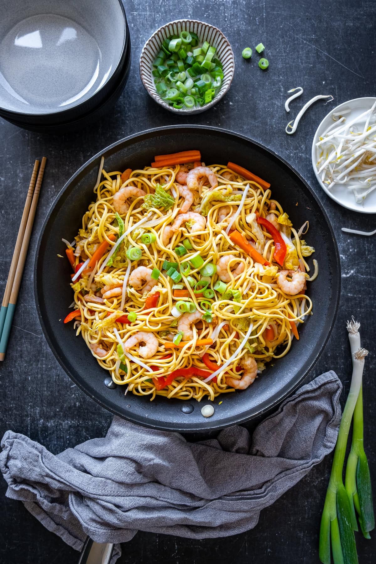 Overhead shot of Prawn Chow Mein in a wok.