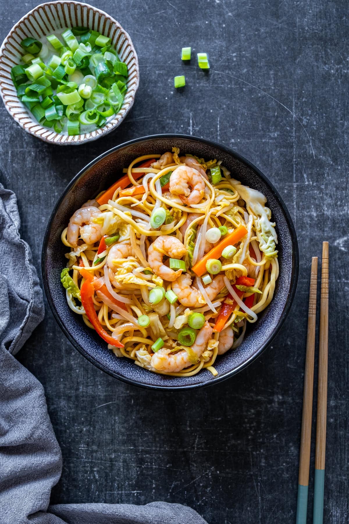 Overhead shot of Prawn Chow Mein in a bowl.