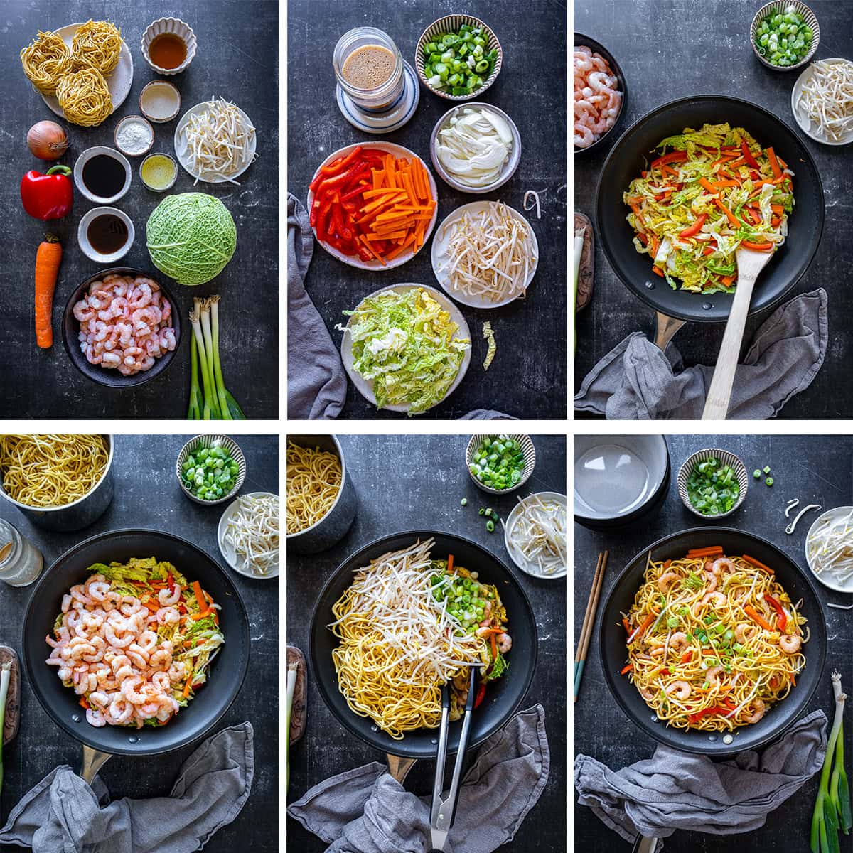 Collage showing 6 process shots for Prawn Chow Mein
