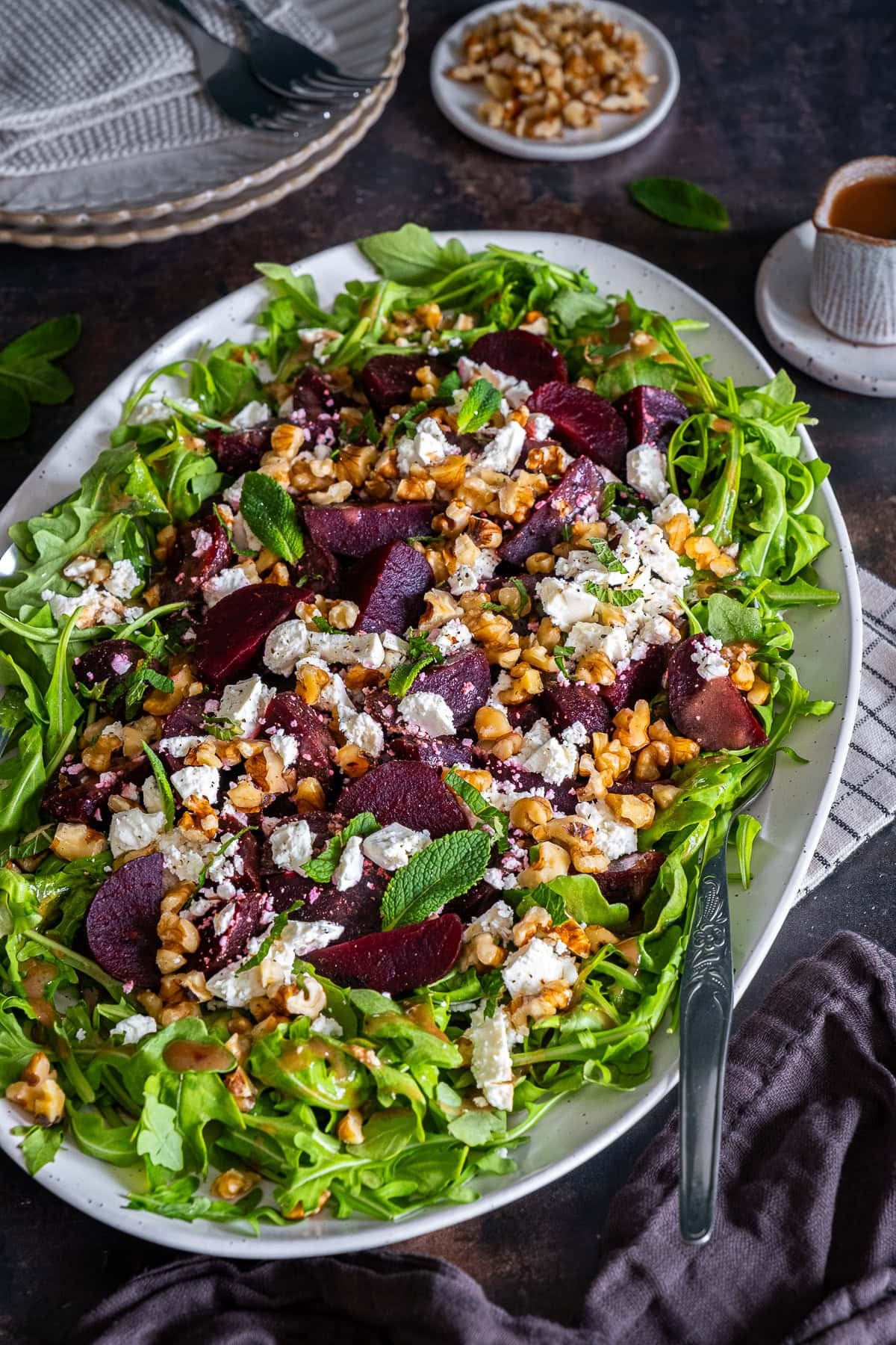 Closeup of Easy Beetroot Salad on a serving platter.