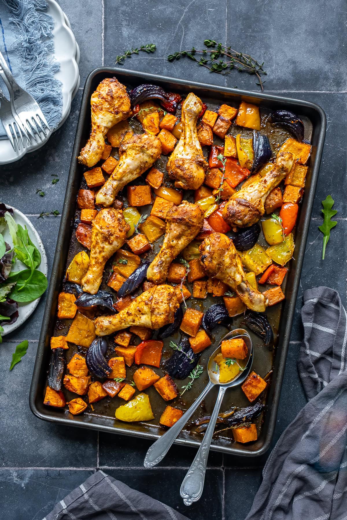 Overhead shot of Chicken Drumstick Traybake.