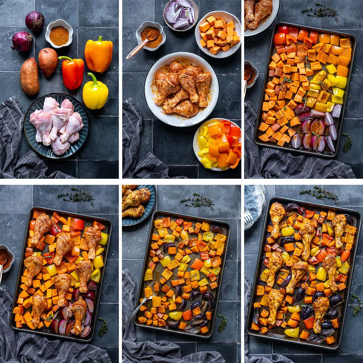 Collage showing 6 process shots for Chicken Drumstick Traybake