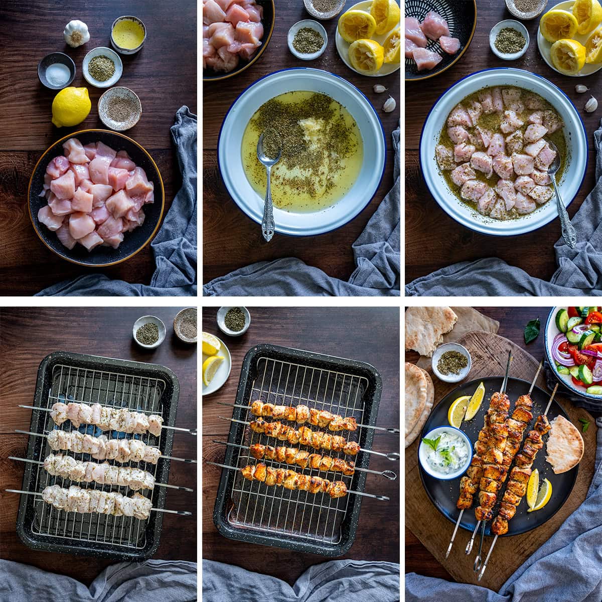 Collage showing 6 process shots for Easy Chicken Kebabs