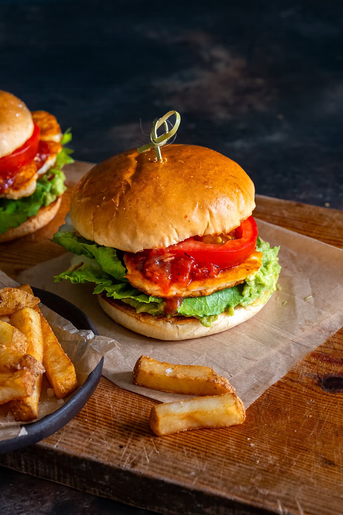 Closeup of one Halloumi Burger on a board.