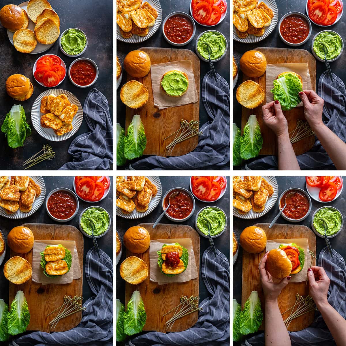 Collage showing 6 process shots for Halloumi Burgers